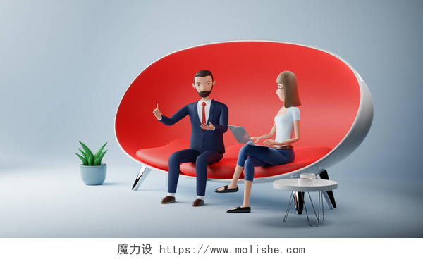 卡通人物的对话卡通人物商人和女人坐在红色沙发上使用笔记本电脑。商务会议面试的概念.3d渲染
